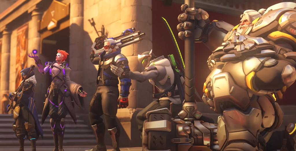 Overwatch 2 Stadium mode: Reinhardt, Genji, Soldier 76, Moira, and Ana