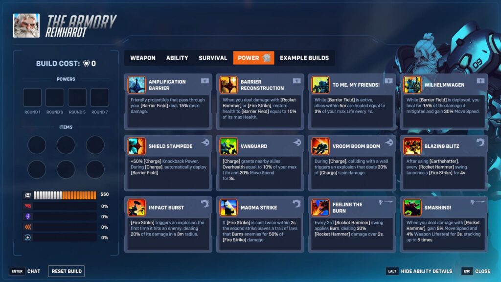 The Armory interface displays Reinhardt's abilities and power options, featuring detailed descriptions of various gameplay enhancements.