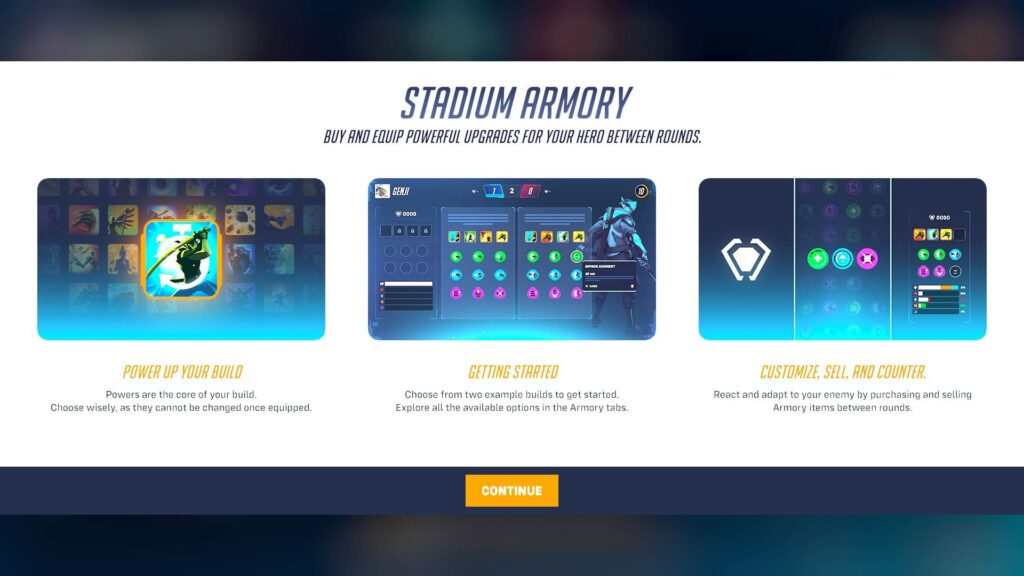 Image of a game interface titled "Stadium Armory," showcasing options for upgrading heroes, customizing builds, and managing items between rounds.