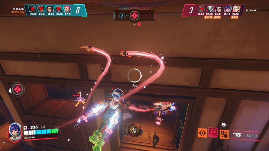 A colorful gaming screenshot depicting a character using abilities in a virtual battle, with health and scoreboard stats displayed.
