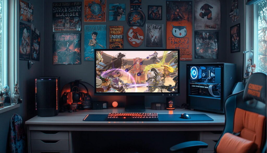 A gaming room setup with a wide monitor displaying a battle scene from Overwatch 2 Stadium Mode, featuring multiple heroes using their abilities in a vibrant arena.